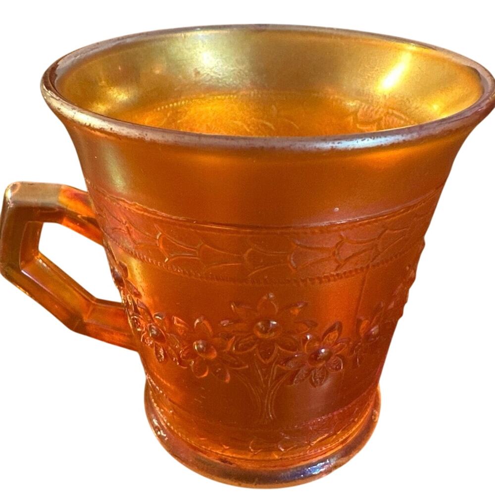 Vintage Fenton Orange Tree Carnival Glass Mug marigold color w/embossed pattern
